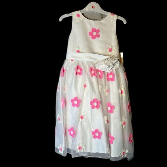 Tip Top Little Girls Dress White With White/pink Flowers Special Occasion Size 6 - Picture 1 of 6